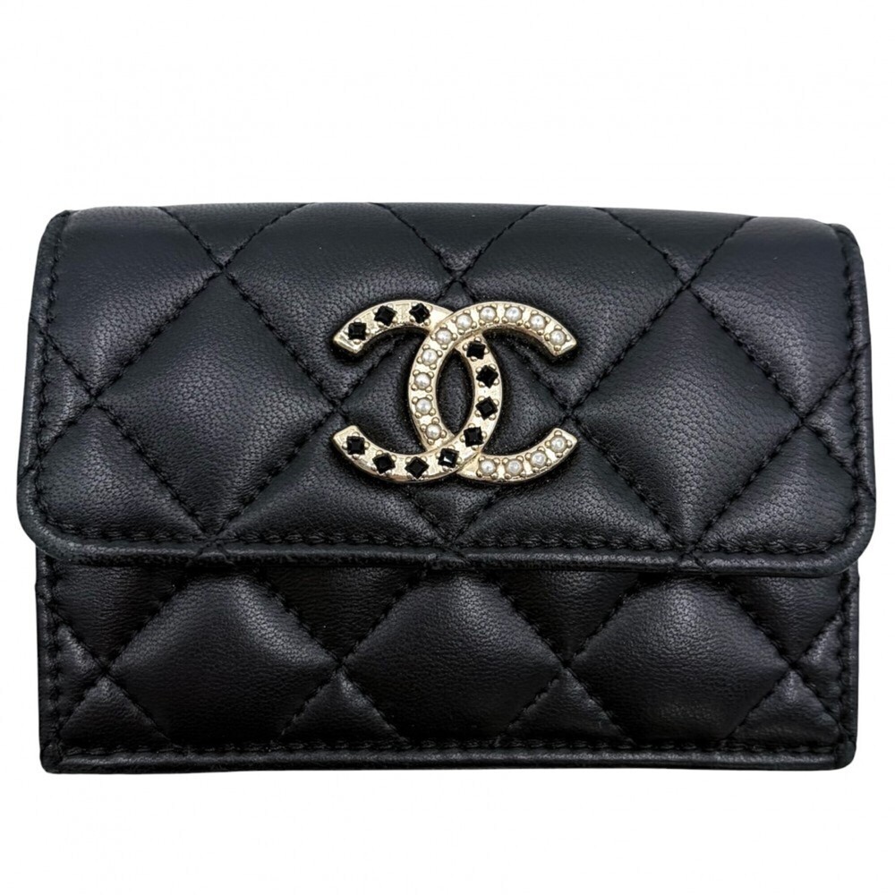 CHANEL Black Pearl Lambskin Leather Logo Wallet